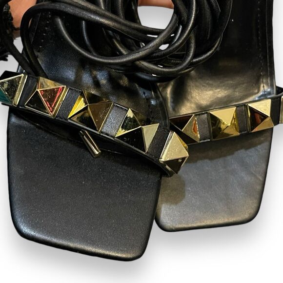 Cape Robbin Strappy Heel Sandals Womens 9 Black Studded Gold Sexy Open Toe Party - Picture 9 of 14